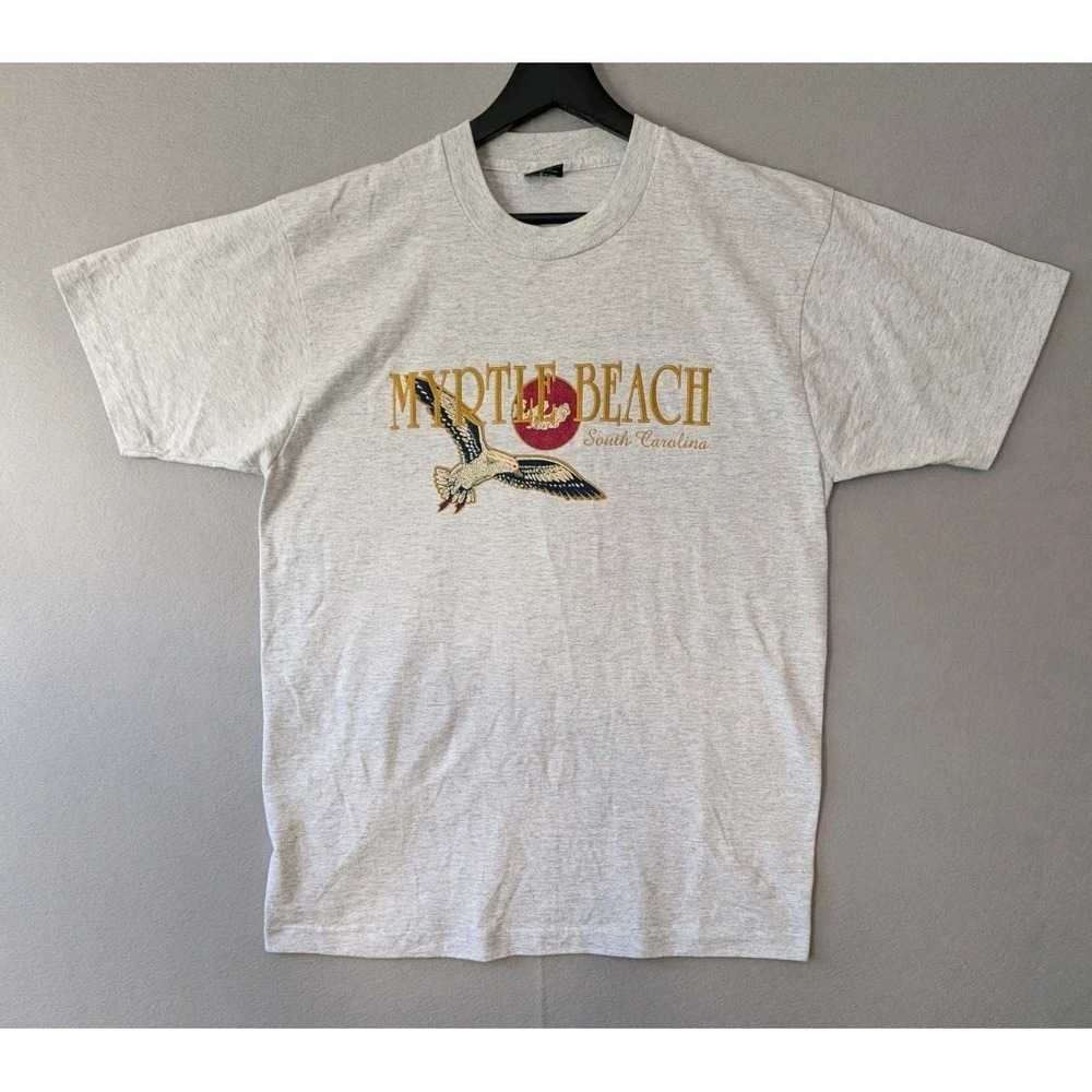 VTG MYRTLE BEACH T SHIRT Single Stitch Heather Grey Tourist Seagull Unisex L USA